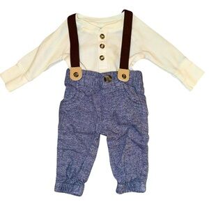 Baby Boy Cat & Jack Set Of Long Sleeve Onesie And Pants & Suspenders. Size 0-3 M